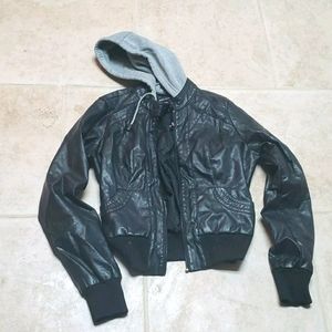 Women's black (not leather) hooded jacket.